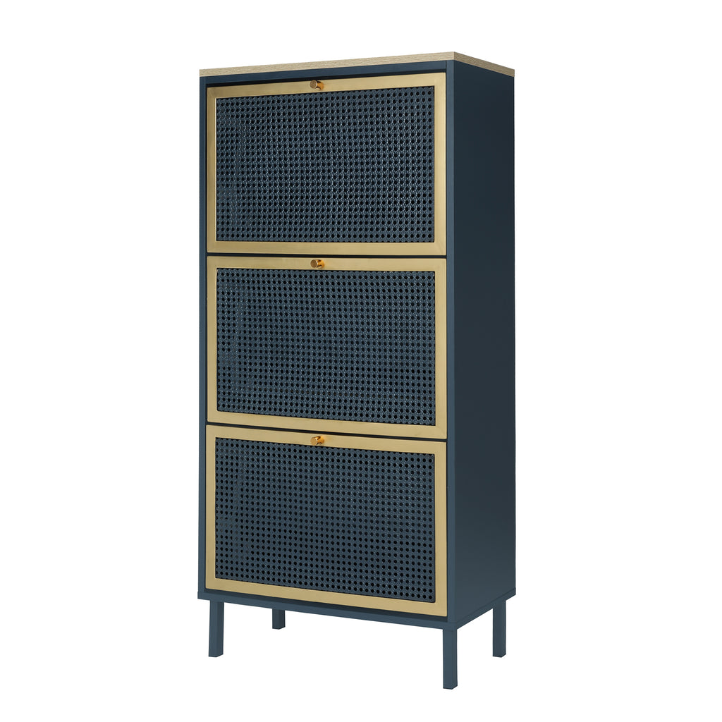 3-Door Metal Shoe Rack, Freestanding Modern Shoe Storage Cabinet with Metal Rattan - Blue-Gray Particle Board - For Entryway - Grand Goldman Shop