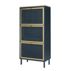3-Door Metal Shoe Rack, Freestanding Modern Shoe Storage Cabinet with Metal Rattan - Blue-Gray Particle Board - For Entryway - Grand Goldman Shop