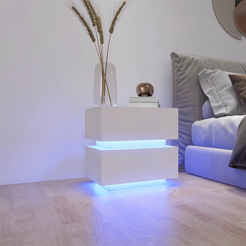 White Color High Glossy 2 Drawers Bedside Table with RGB Led Light Nightstand with Bluetooth Control - Grand Goldman Shop