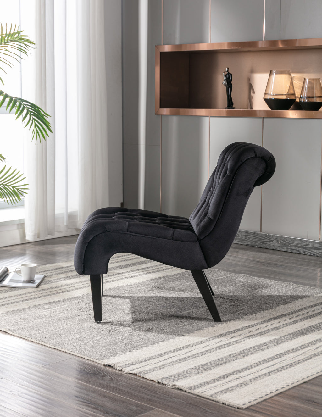 COOLMORE Modern Velvet Armless Accent Living Room Chair / Leisure Chair,Upholstered Fabric Button Comfortable Chair with Wooden Legs for Bedroom, Living Room, Office (Black Velvet) - Grand Goldman Shop