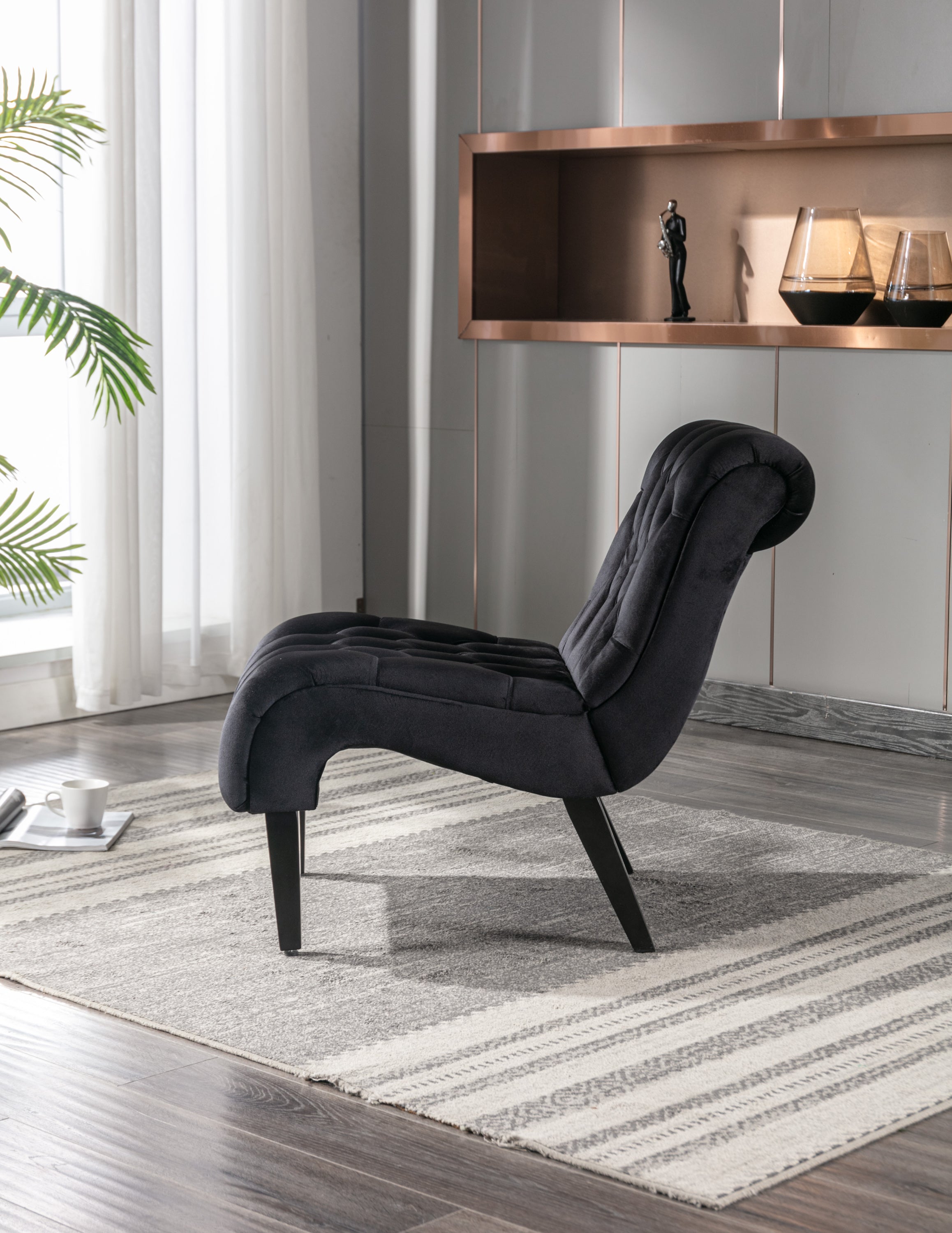COOLMORE Modern Velvet Armless Accent Living Room Chair / Leisure Chair,Upholstered Fabric Button Comfortable Chair with Wooden Legs for Bedroom, Living Room, Office (Black Velvet) - Grand Goldman Shop