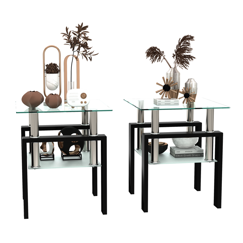 Modern Tempered Glass Tea Coffee End Table Set of 2, Transparent/Black, Metal Legs, Square Design - Grand Goldman Shop