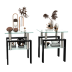 Modern Tempered Glass Tea Coffee End Table Set of 2, Transparent/Black, Metal Legs, Square Design - Grand Goldman Shop