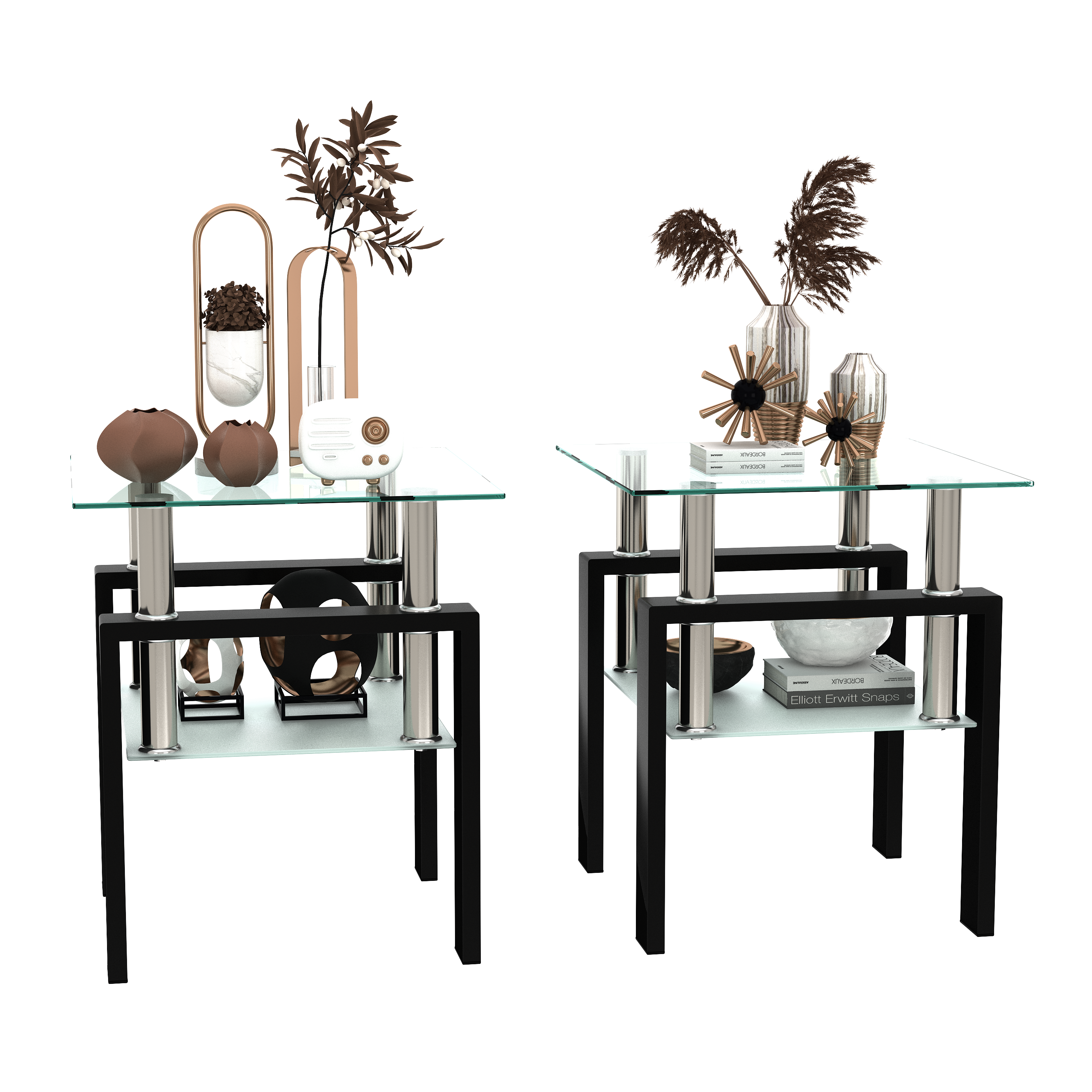 Modern Tempered Glass Tea Coffee End Table Set of 2, Transparent/Black, Metal Legs, Square Design - Grand Goldman Shop
