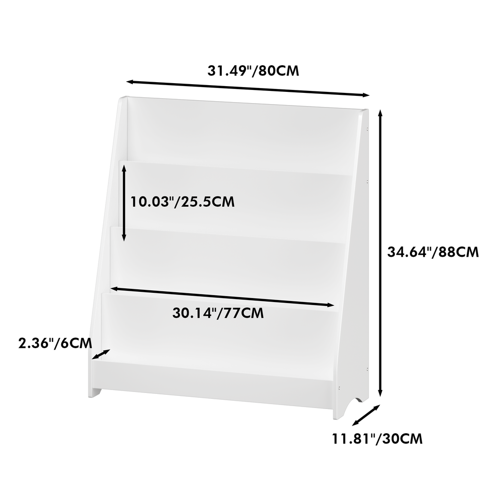 4-Tier Kids Bookshelf, Toddler Book Display Shelves in White, Made of MDF with Rounded Edges, 31.5 x 11.8 x 34.65 inches - Gr