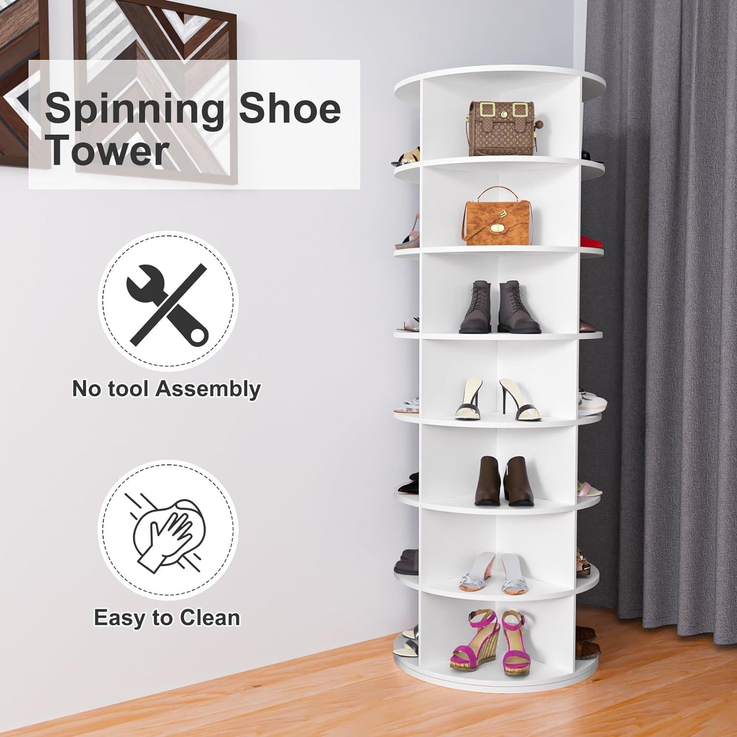 7 Tier Rotating Shoe Rack Tower, Spinning Shoe Display, 360 Shoe Rack Storage Round Carousel, Vertical Handbag Rotate Shoes Closet Organization (WHITE) - Grand Goldman Shop