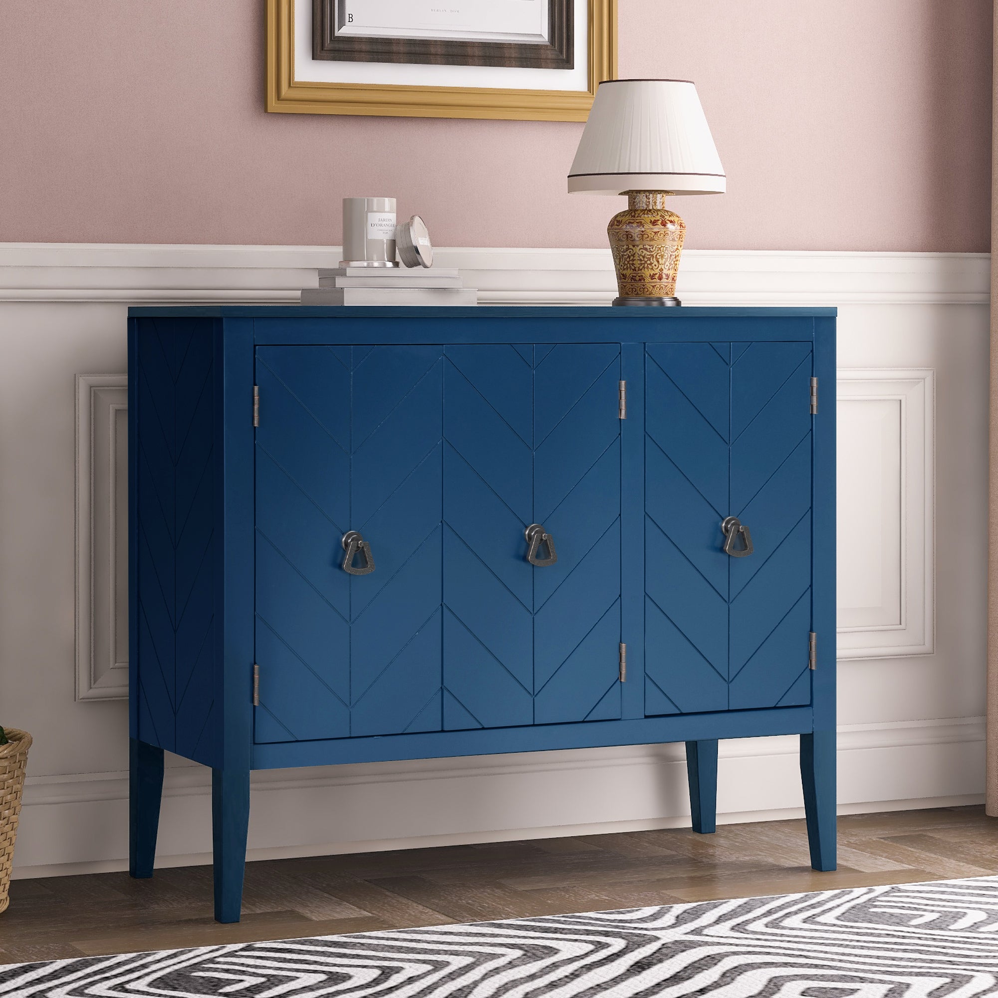 U_STYLE Adjustable Shelf Storage Sideboard with 3 Retro Metal Handles and 4 Pinewood Legs, for Entryway, Living Room, Study Room, Dining Room - Grand Goldman Shop
