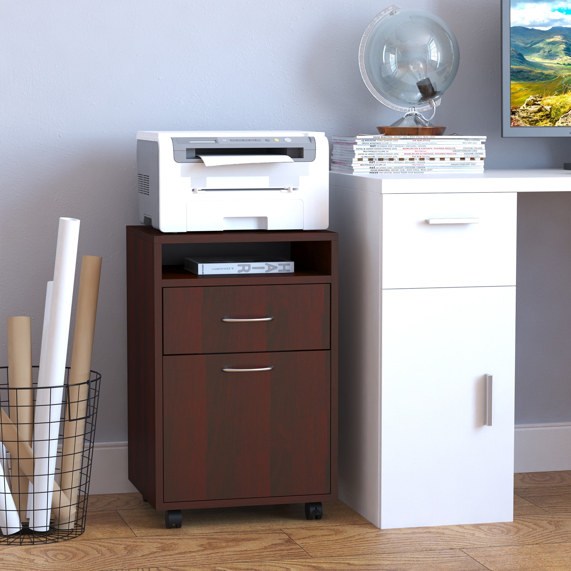 Mobile Storage Cabinet Organizer with Drawer and Cabinet, Printer Stand with Castors, Brown - Grand Goldman