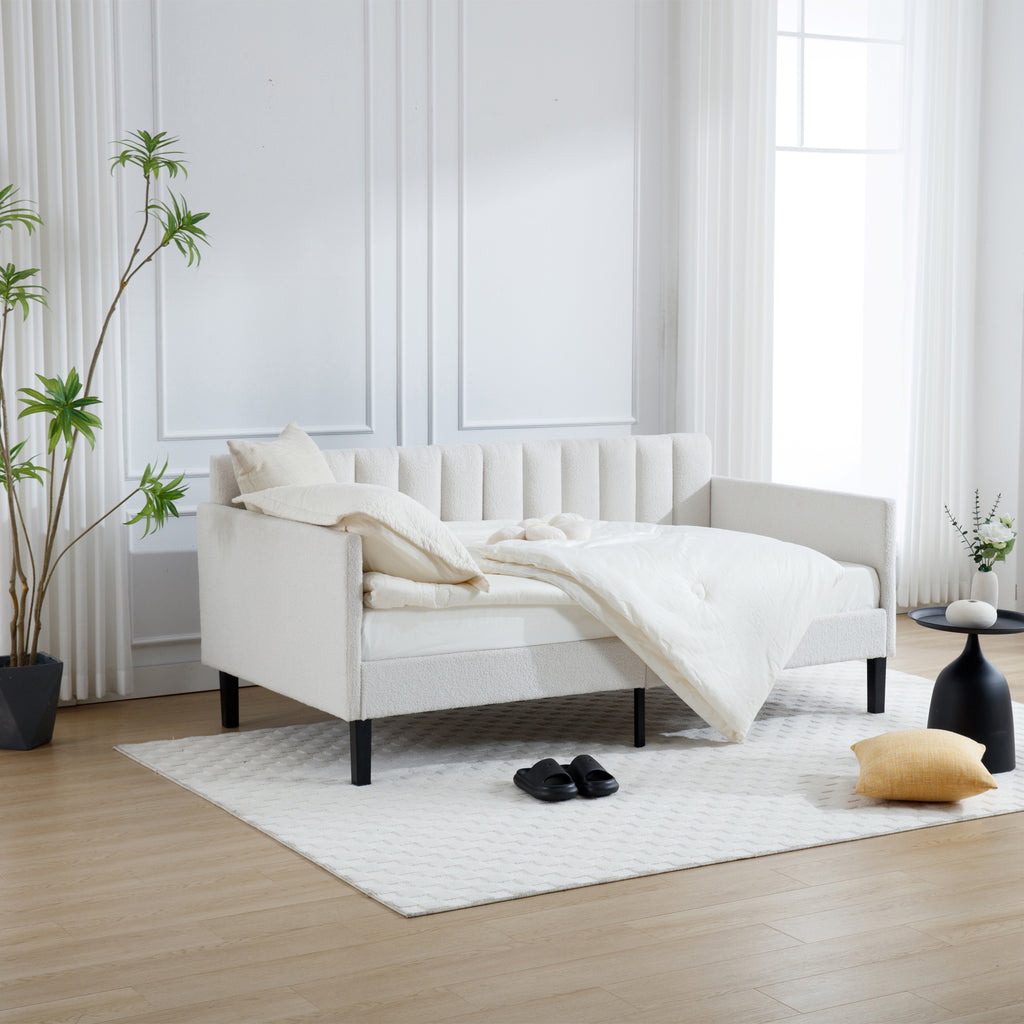 Elena Twin Size Ivory Boucle Upholstered Daybed with Ribbed Tufted Backrest in Lavish Modern Design - Grand Goldman Shop