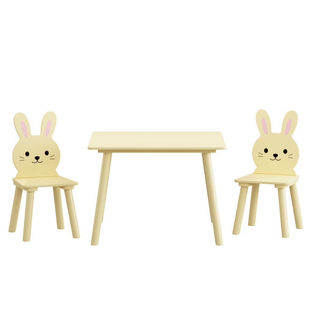 Kids Table and Chair Set with 2 Bunny Chairs, Children's Wooden Activity Table for Toddlers, Cute Animal Design Study Play Se