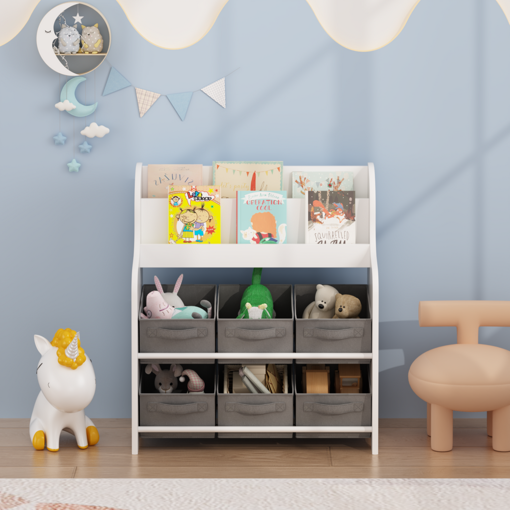 Kids Bookshelf with 6 Fabric Storage Bins, Multi-Functional Children's Bookcase and Toy Organizer, Front-Facing Display Shelf