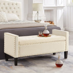 Upholstered Tufted Button Storage Bench with nails trim,Entryway Living Room Soft Padded Seat with Armrest,Bed Bench - Cream - Grand Goldman Shop