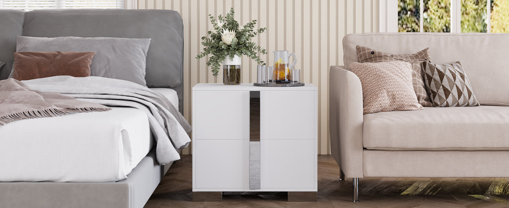 Modern End Table with Drawers, Elegant Nightstand with Metal Foot,Wood Bedside Table with Mirrored Metal Handles,Sofa Side End Table for Bedroom Living Room Office,White - Grand Goldman Shop