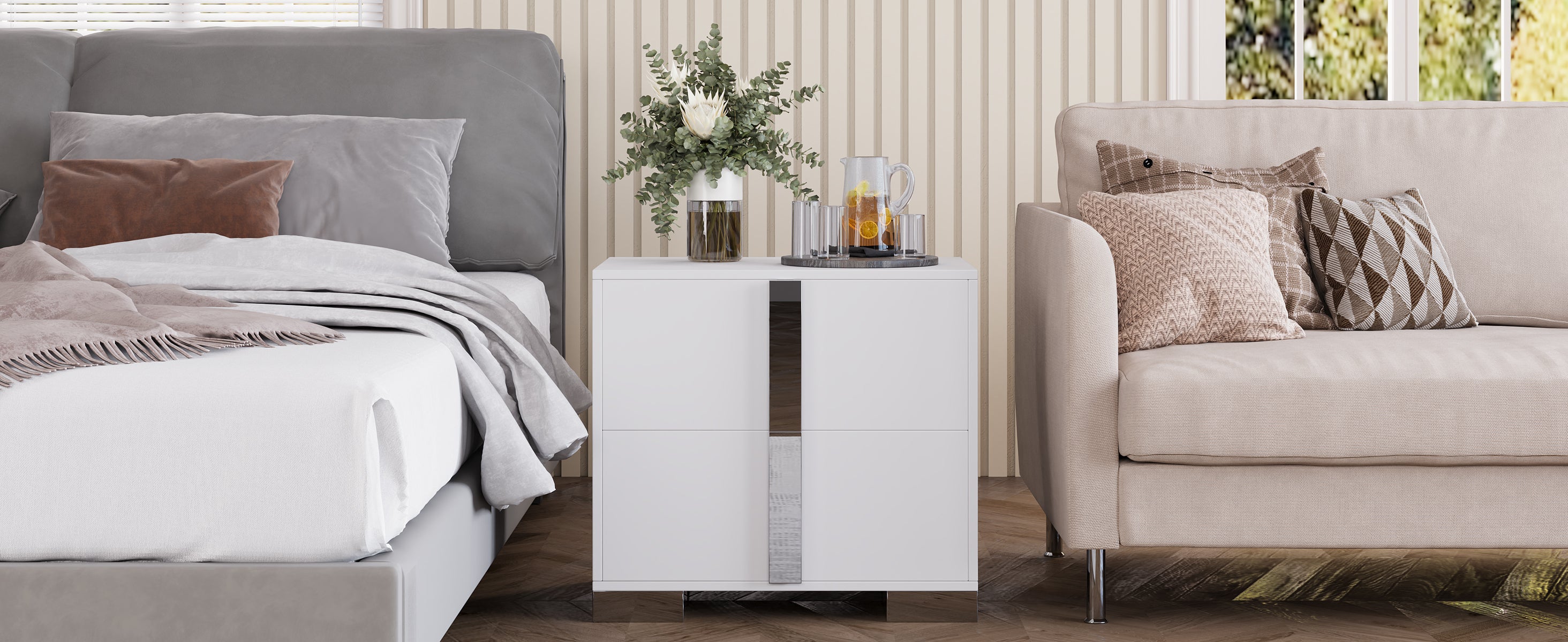 Modern End Table with Drawers, Elegant Nightstand with Metal Foot,Wood Bedside Table with Mirrored Metal Handles,Sofa Side End Table for Bedroom Living Room Office,White - Grand Goldman Shop