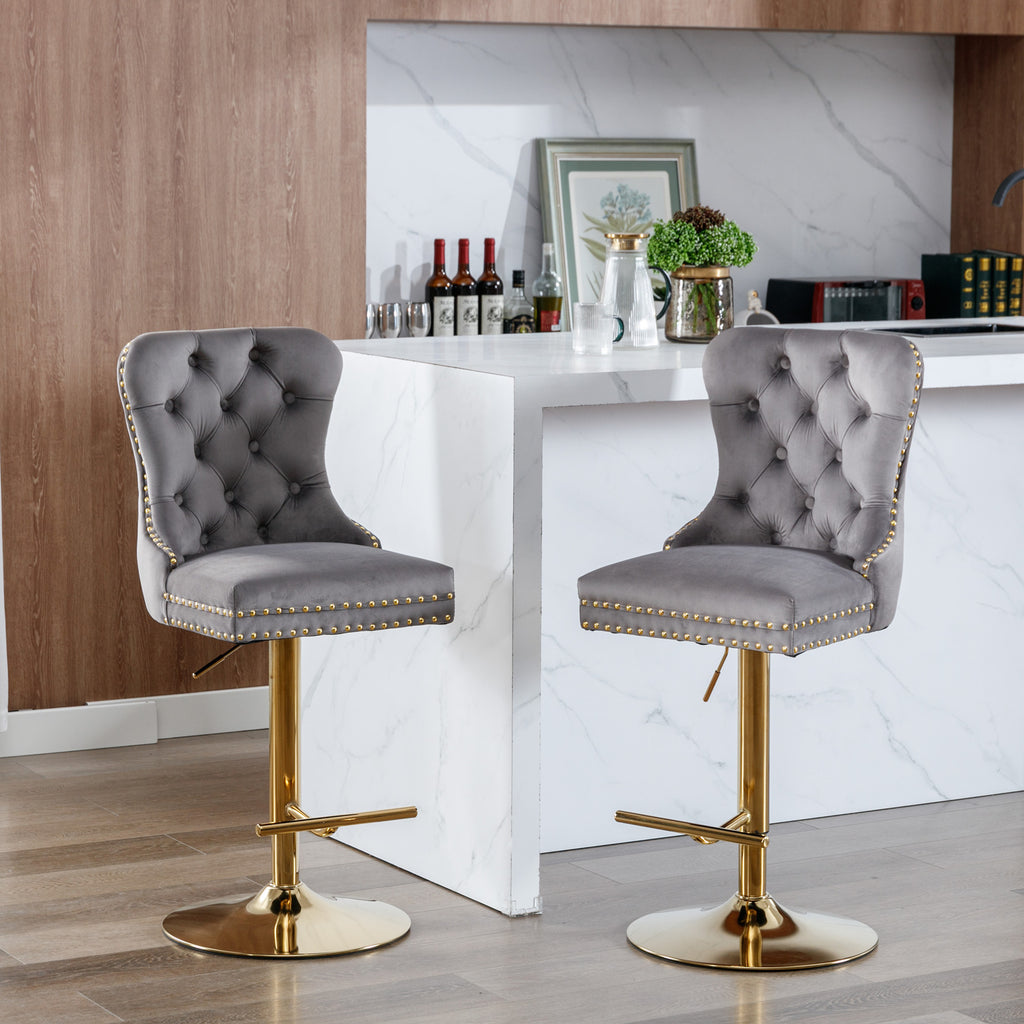 A&A Furniture Modern Upholstered Velvet Bar Stools with Adjustable Swivel Seat Height in Gray, Set of 2 - Grand Goldman Shop