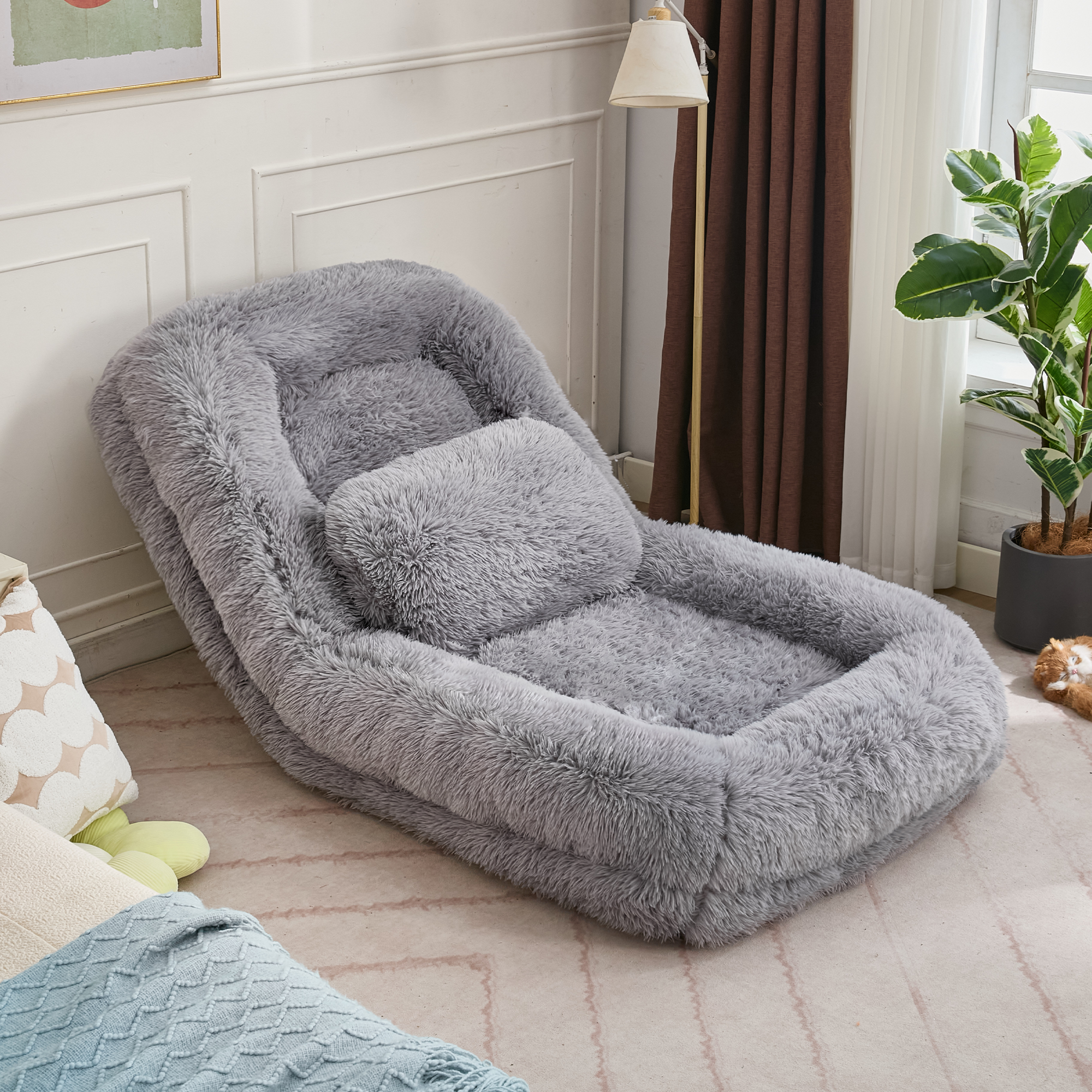 [NEW ARRIVED] [VIDEO PROVIDED] Human Dog Bed,Lazy Sofa,5-Position Adjustable Convertible,Floor Gaming Chair,bedroom, living room,Suitable for gaming, meditation,relaxation,Plush Fabric,Light Gray - Grand Goldman Shop