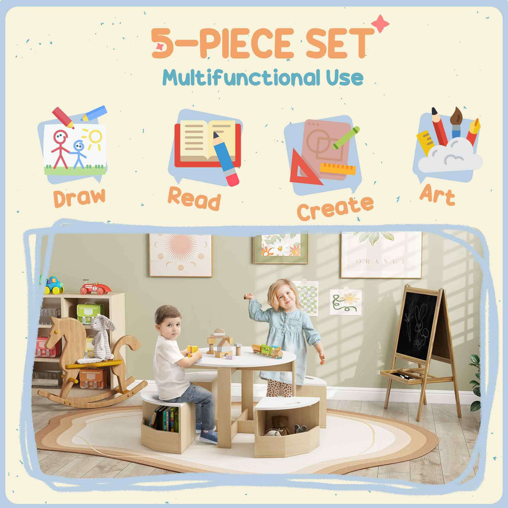 Qaba Kids Table and Chairs Set, 5 Piece Toddler Table and Chairs Set with Storage for Art, Craft, Drawing, Playroom, Classroo