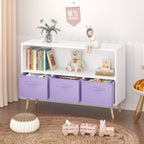 Kids Bookcase with Collapsible Fabric Drawers, Children's Book Display Organizer in White and Purple, MDF with Pine Legs | Pr