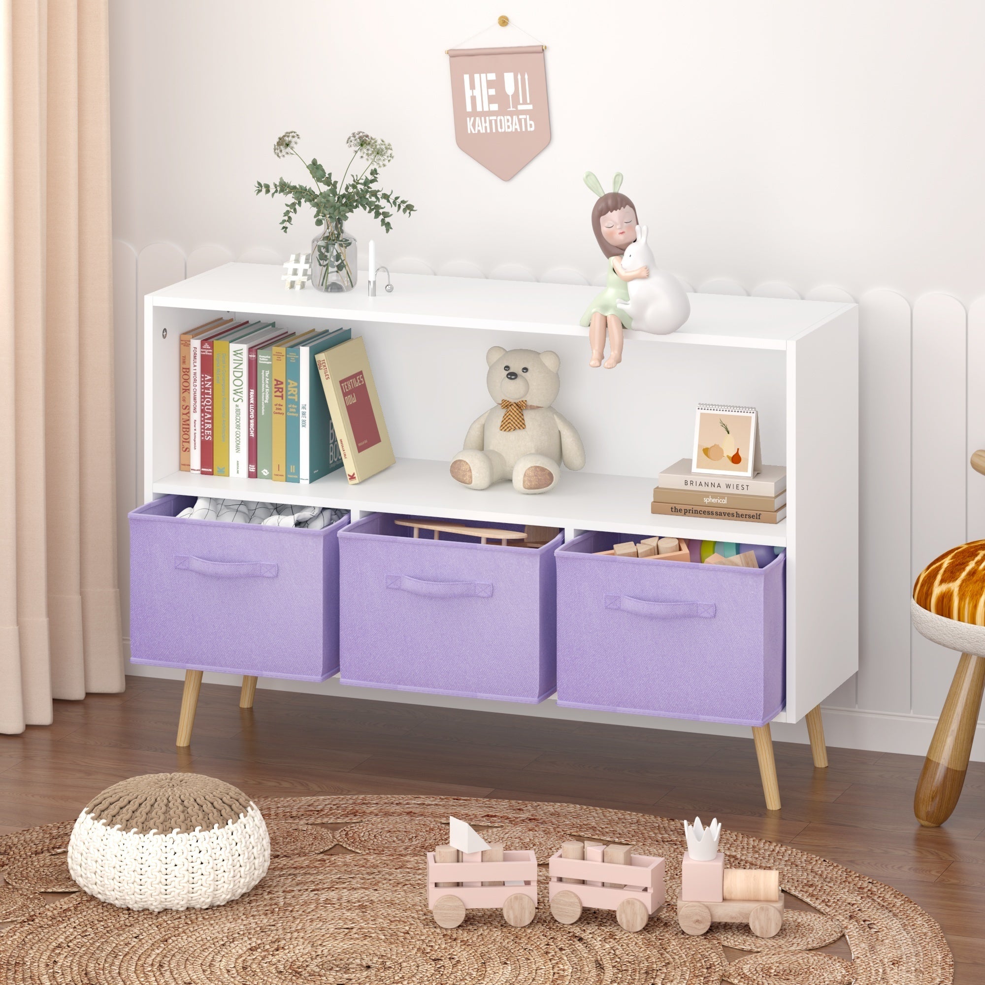 Kids Bookcase with Collapsible Fabric Drawers, Children's Book Display Organizer in White and Purple, MDF with Pine Legs | Pr