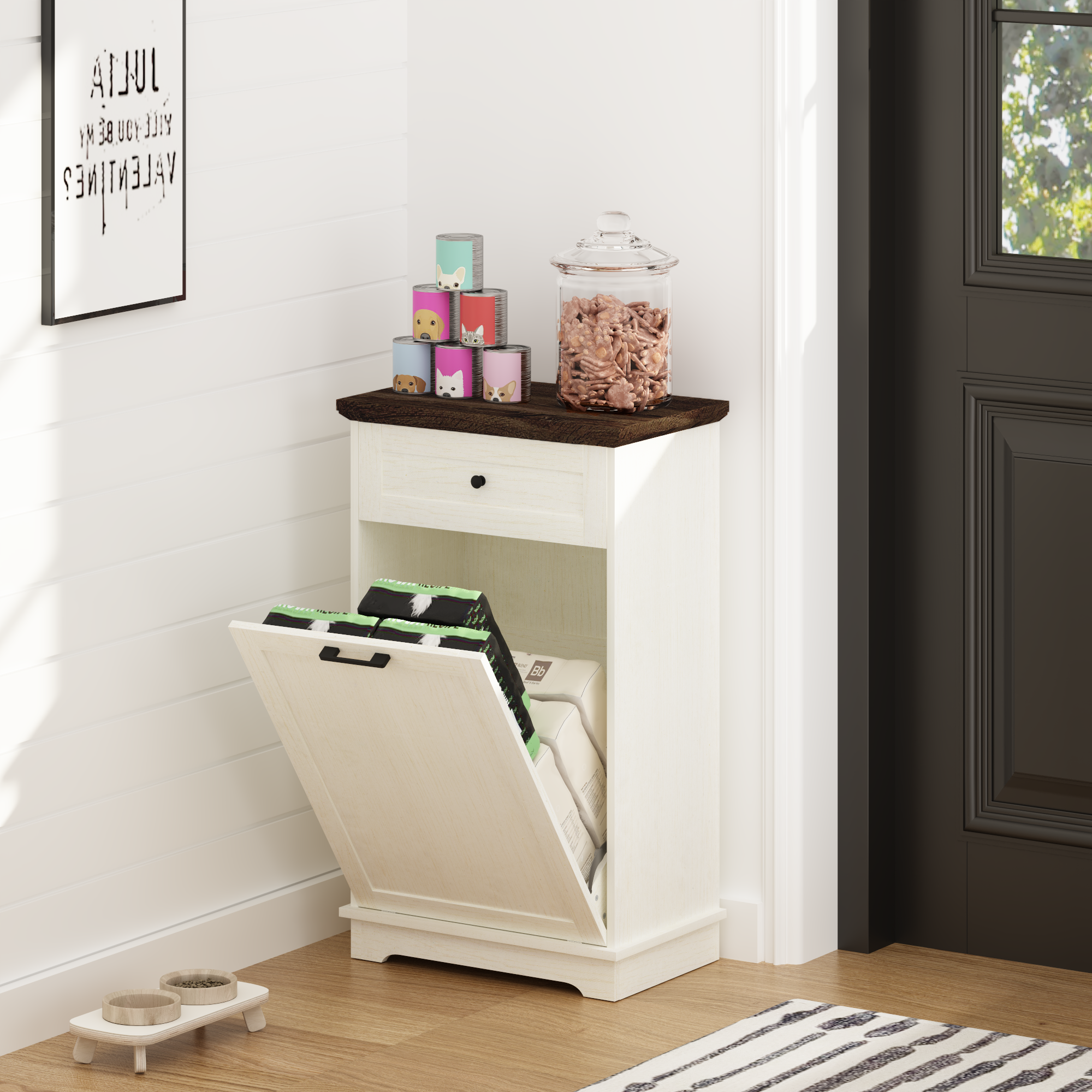 10 Gallon Tilt Out Trash Cabinet Freestanding Trash Bin Cabinet Wood Garbage Recycling Cabinet with Drawer Pet Proof Trash Can Holder for Kitchen Living Room, Antique White (Not include trash can) - Grand Goldman Shop