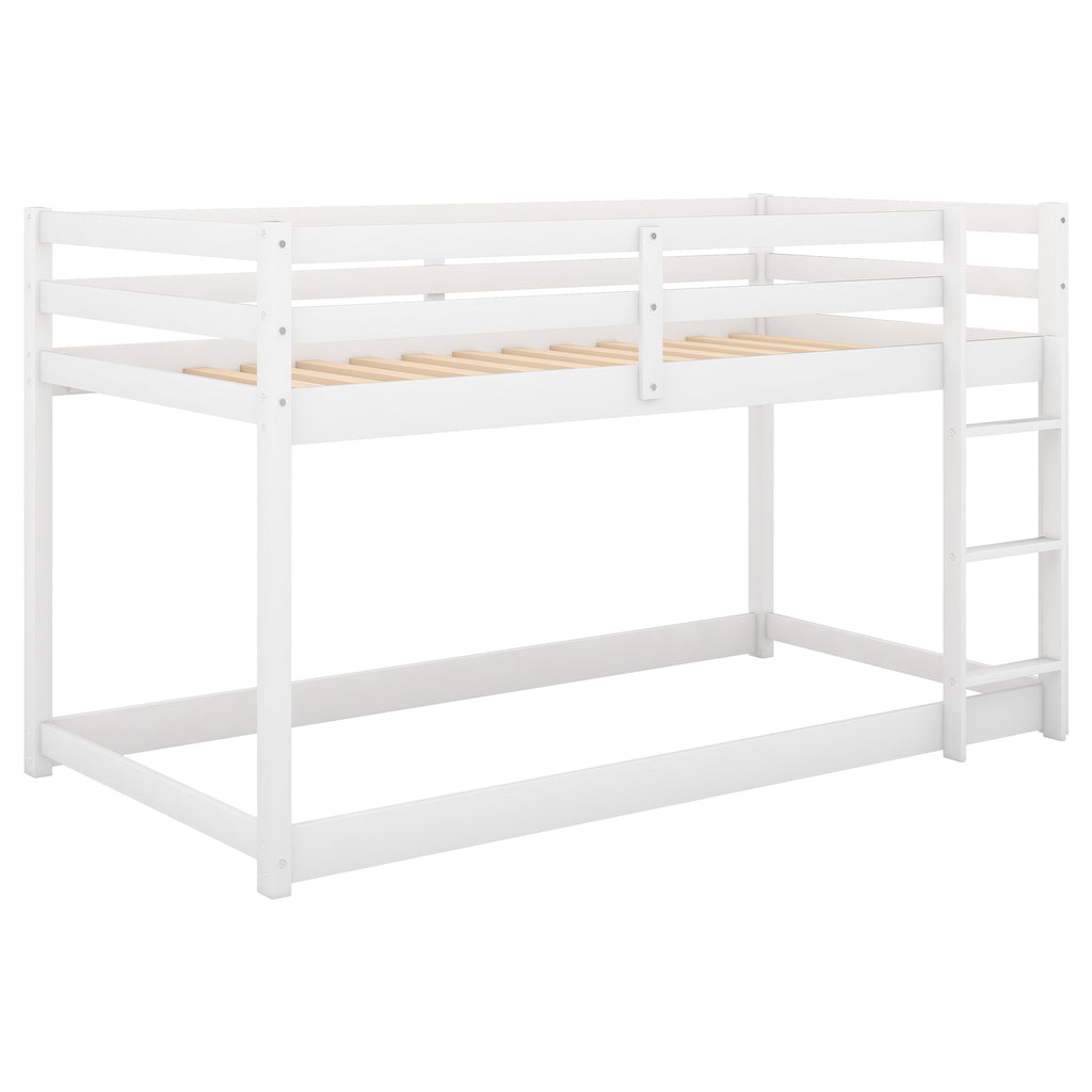 White Twin Over Twin Floor Bunk Bed with Ladder, Solid Pine Wood, 79.1''L x 42''W x 46.5''H - Grand Goldman Shop
