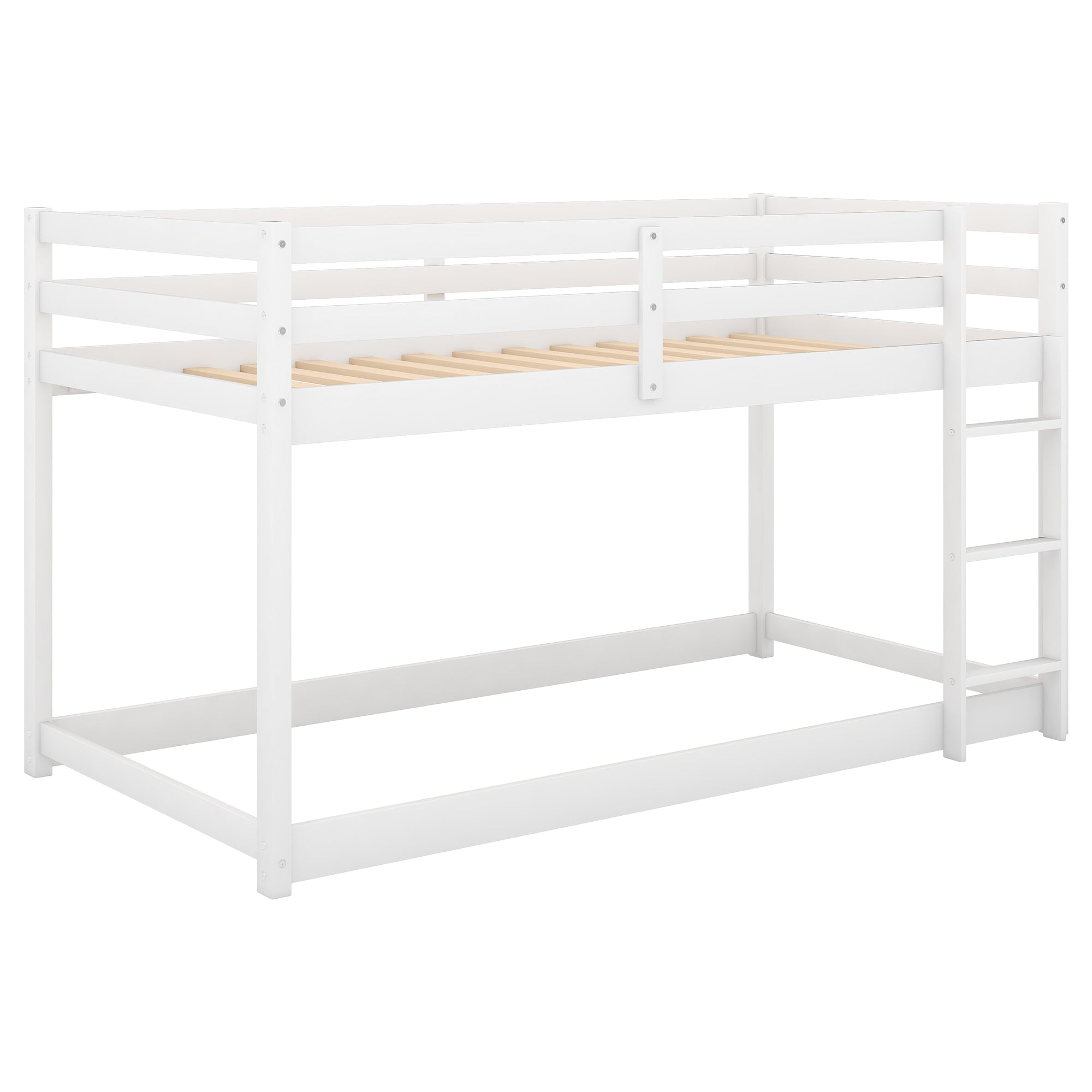 White Twin Over Twin Floor Bunk Bed with Ladder, Solid Pine Wood, 79.1''L x 42''W x 46.5''H - Grand Goldman Shop