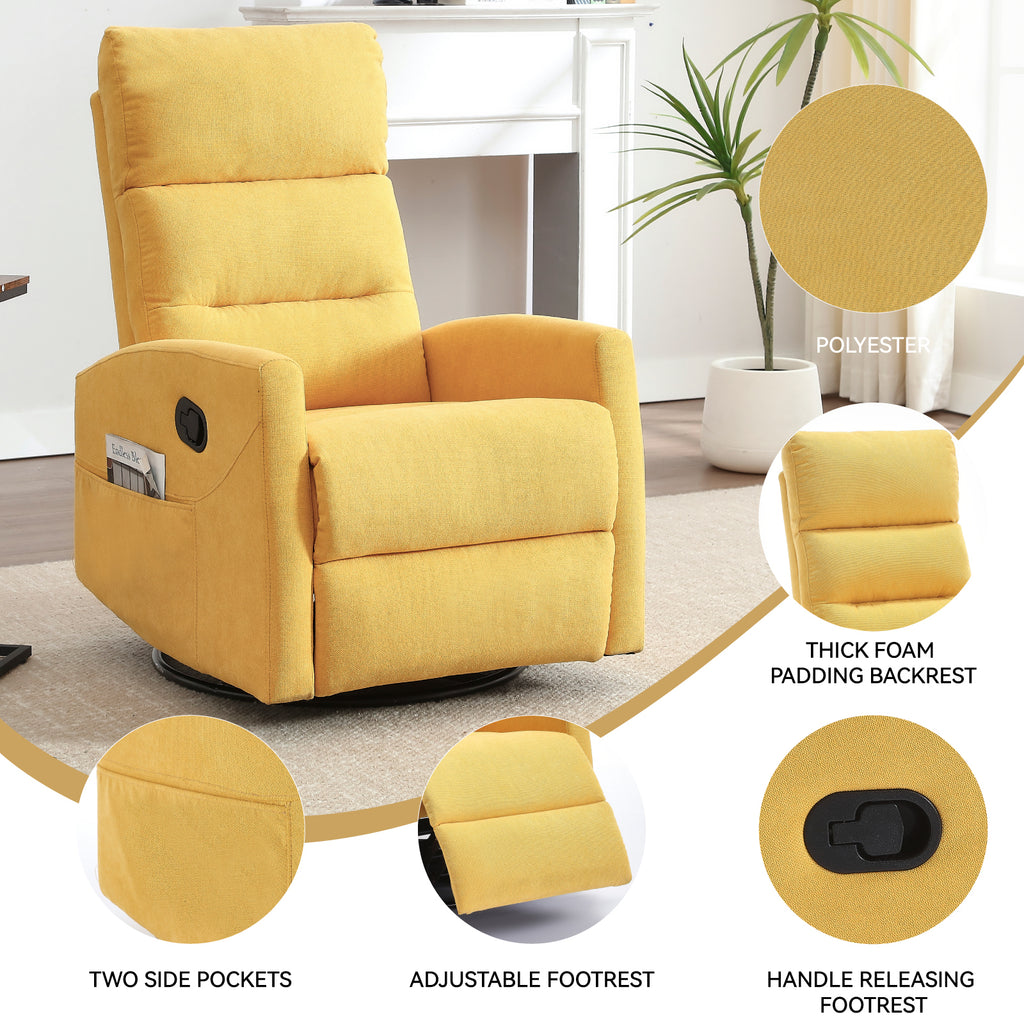 Manual Recliner Chair with Rocker and Swivel in Fabric for Living Room, Yellow - Grand Goldman Shop