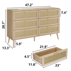Rattan 6 Drawers Chest Of Dressers For Bedroom,  Modern 6 Drawer Dresser,  Wide Chest Of Drawers With Wood Handles,  Rattan Dresser Storage Cabinet For Living Room,  Bedroom,  Hallway - Grand Goldman Shop