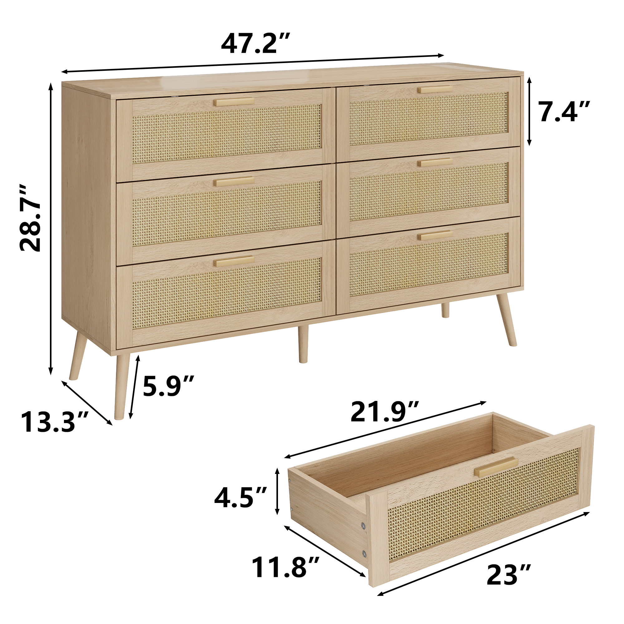 Rattan 6 Drawers Chest Of Dressers For Bedroom,  Modern 6 Drawer Dresser,  Wide Chest Of Drawers With Wood Handles,  Rattan Dresser Storage Cabinet For Living Room,  Bedroom,  Hallway - Grand Goldman Shop