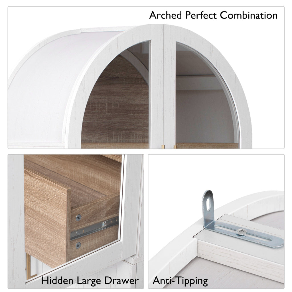 K&K 71' Tall Arched Kitchen Pantry Cabinet with Door Shelves, Farmhouse Kitchen Storage Cabinet with Open & Adjustable Shelves, Hidden Drawer & Glass Door, Cupboard for Kitchen, Dining Room, White - Grand Goldman Shop