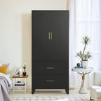 71' Tall Metal Wardrobe Cabinet with 2 Drawers and Hanging Rod, 2 Doors Wardrobe Closet with Shelf for Bedroom, Office, Laundry Room,Entryway ,Foyer,Guesthouse (Black) - Grand Goldman Shop