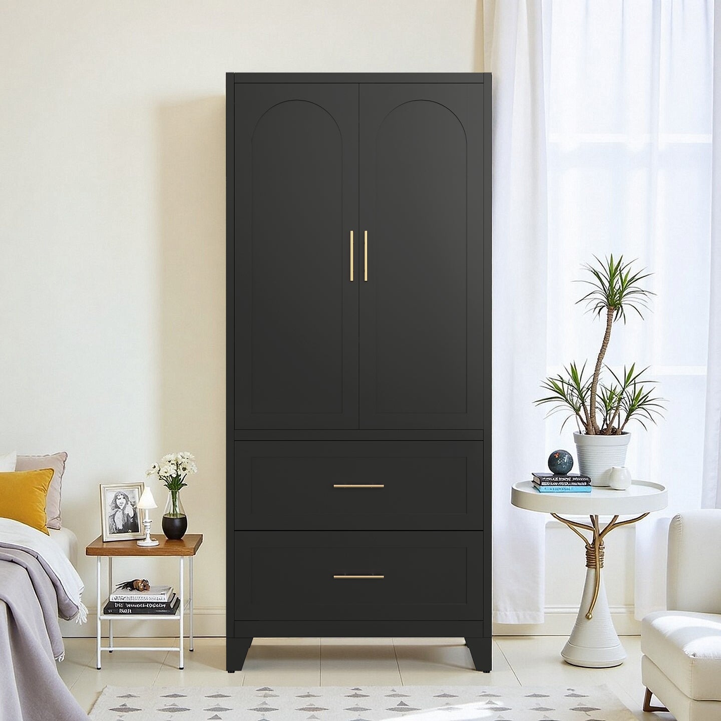71' Tall Metal Wardrobe Cabinet with 2 Drawers and Hanging Rod, 2 Doors Wardrobe Closet with Shelf for Bedroom, Office, Laundry Room,Entryway ,Foyer,Guesthouse (Black) - Grand Goldman Shop