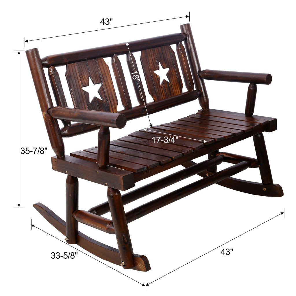 Outdoor Wood Rocking Bench Carbonized Double Rocking Chair for 2 Persons with Wide Curved Seat, Porch Rocker for Porch, Garden, Backyard, Rustic Brown - Grand Goldman Shop