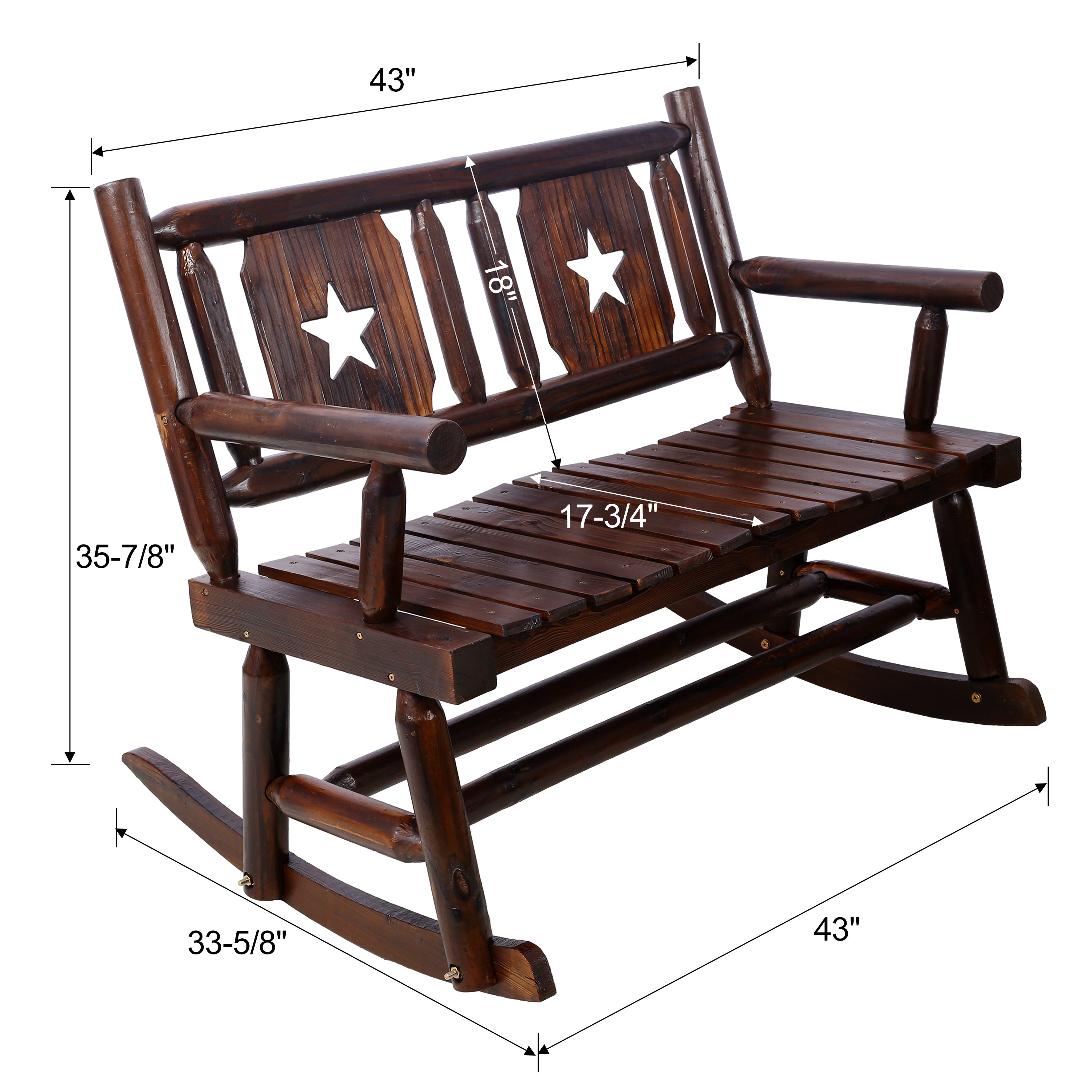 Outdoor Wood Rocking Bench Carbonized Double Rocking Chair for 2 Persons with Wide Curved Seat, Porch Rocker for Porch, Garden, Backyard, Rustic Brown - Grand Goldman Shop