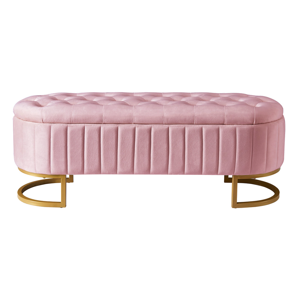 Elegant Upholstered Velvet Storage Ottoman with Button-Tufted,Storage Bench with Metal Legs for Bedroom,Living Room,Fully Assembled Except Legs,Pink - Grand Goldman Shop