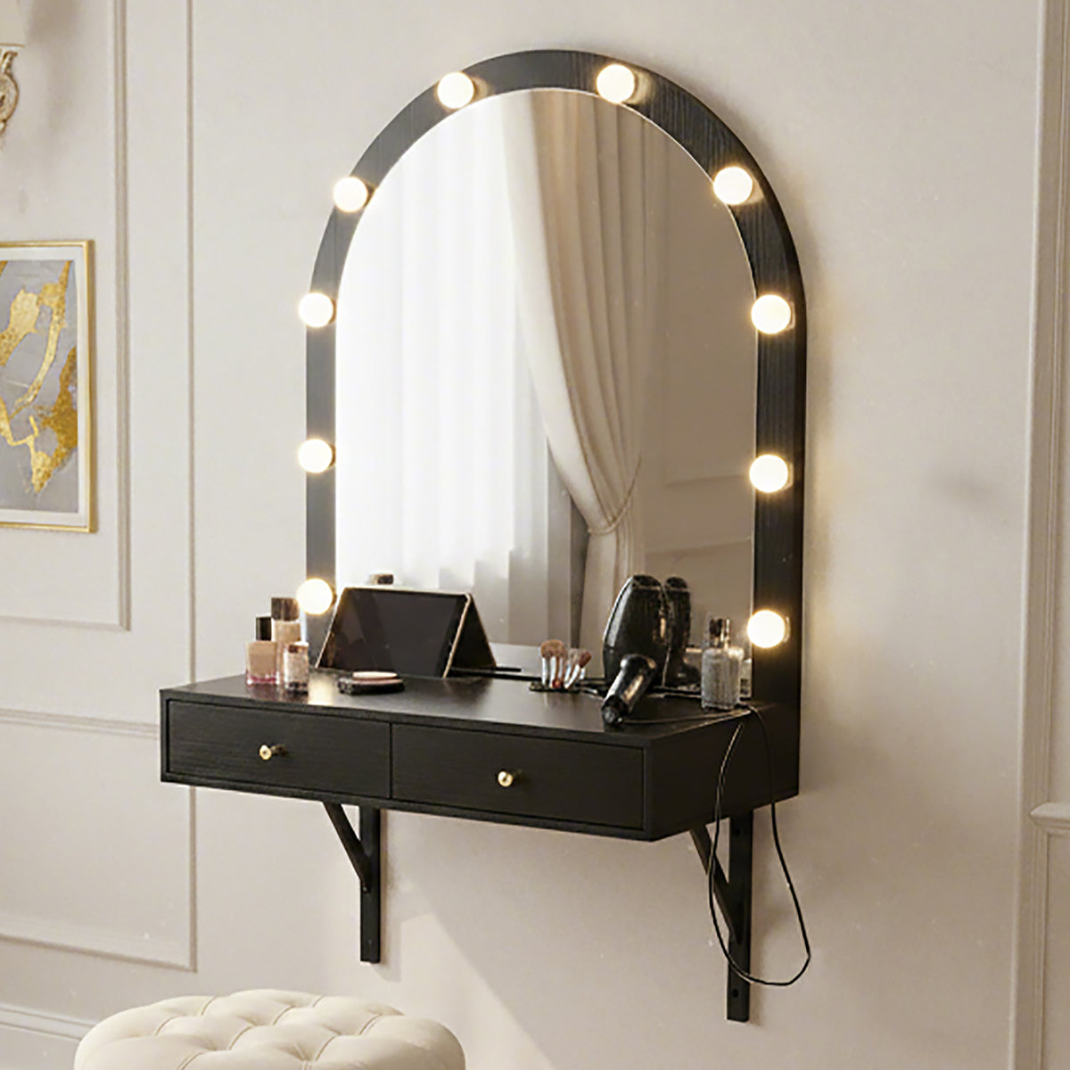 Floating Wall Mounted Makeup Vanity Desk with LED Mirror 3 Color Lights, Compact Dressing Table with Power Outlet & USB Charging, Space Saving Large Storage Vanity for Bedroom Bathroom, Black - Grand Goldman Shop