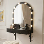 Floating Wall Mounted Makeup Vanity Desk with LED Mirror 3 Color Lights, Compact Dressing Table with Power Outlet & USB Charging, Space Saving Large Storage Vanity for Bedroom Bathroom, Black - Grand Goldman Shop