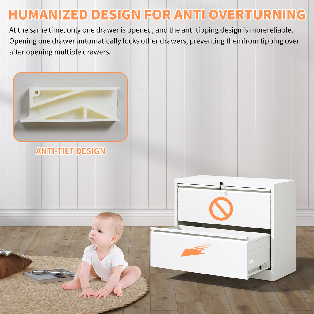 Modern 2-Drawer Steel Lateral File Cabinet with Lock, White Metal Filing Cabinet for Home Office Use - Grand Goldman