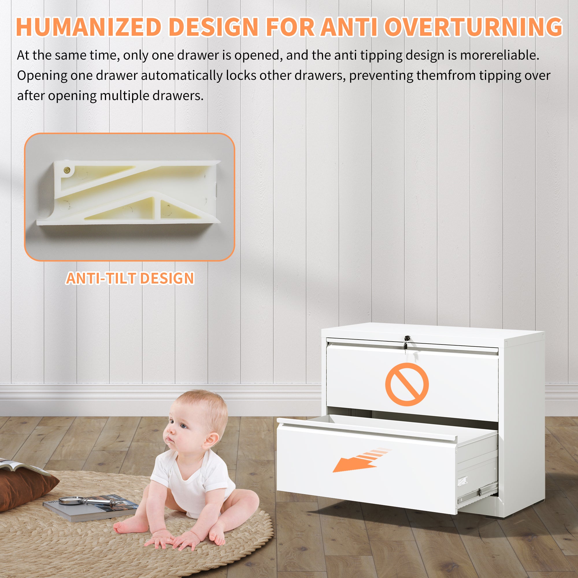 Modern 2-Drawer Steel Lateral File Cabinet with Lock, White Metal Filing Cabinet for Home Office Use - Grand Goldman