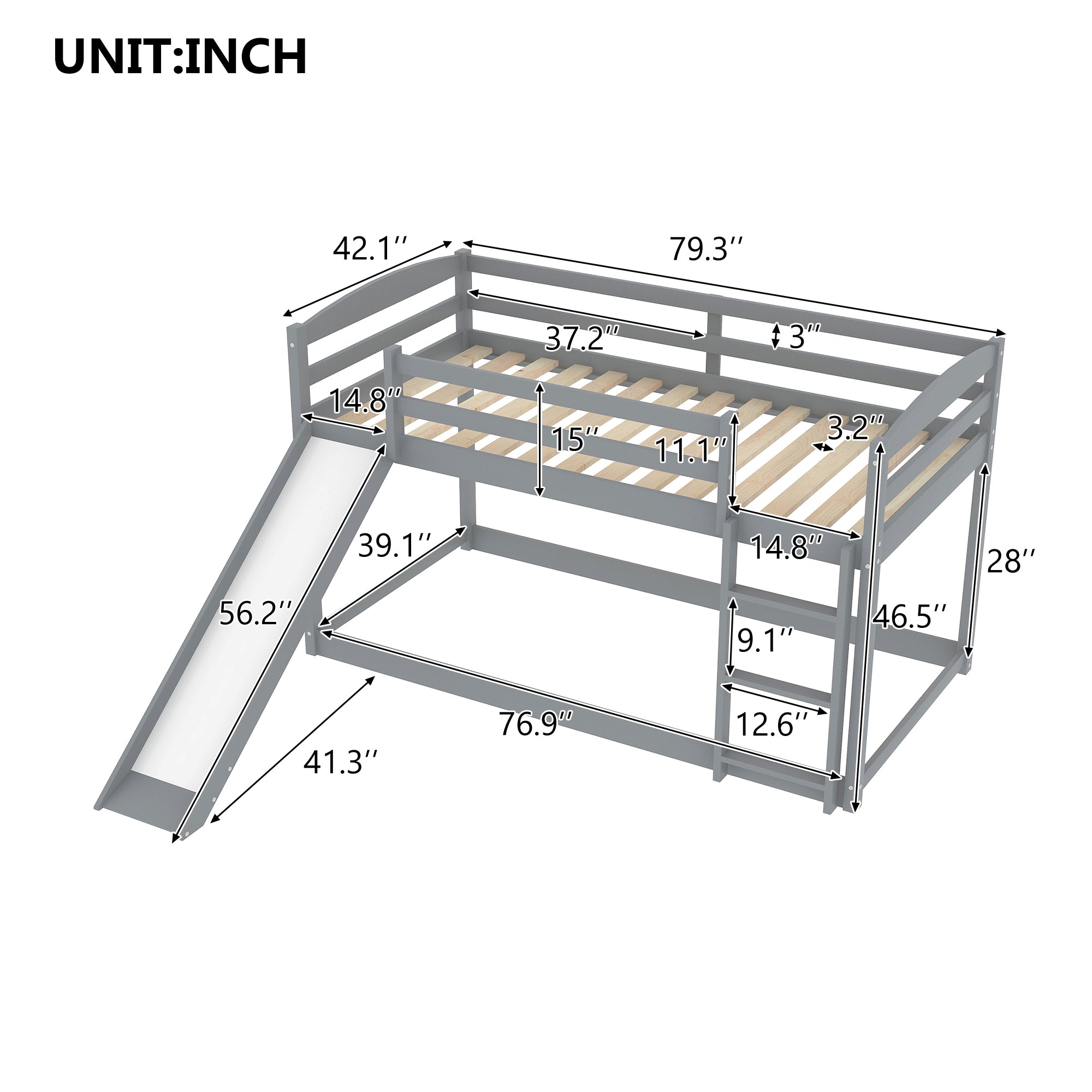 Gray Twin over Twin Bunk Bed with Convertible Slide and Ladder, Pine Wood and MDF, 79.3''L x 84.4''W x 46.5''H - Grand Goldman Shop