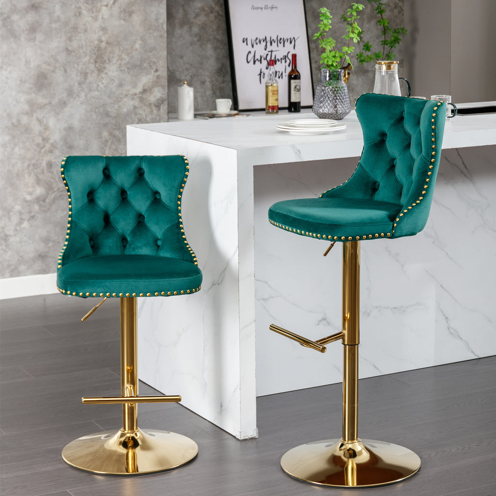 A&A Furniture,Golden Swivel Velvet Barstools Adjusatble Seat Height from 25-33 Inch, Modern Upholstered Bar Stools with Backs Comfortable Tufted for Home Pub and Kitchen Island（Green,Set of 2） - Grand Goldman Shop