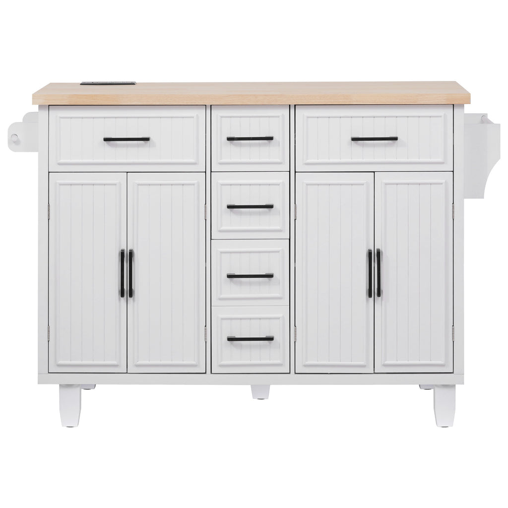 K&K 56.5'' Kitchen Island with Drop Leaf, Power Outlet, Embossed Vertical Stripe Rolling Kitchen Cart on Wheels with 4 Doors , 5 Deep Drawers and Adjustable Shelves, for Kitchen, Dining Room, White - Grand Goldman Shop