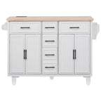 K&K 56.5'' Kitchen Island with Drop Leaf, Power Outlet, Embossed Vertical Stripe Rolling Kitchen Cart on Wheels with 4 Doors , 5 Deep Drawers and Adjustable Shelves, for Kitchen, Dining Room, White - Grand Goldman Shop