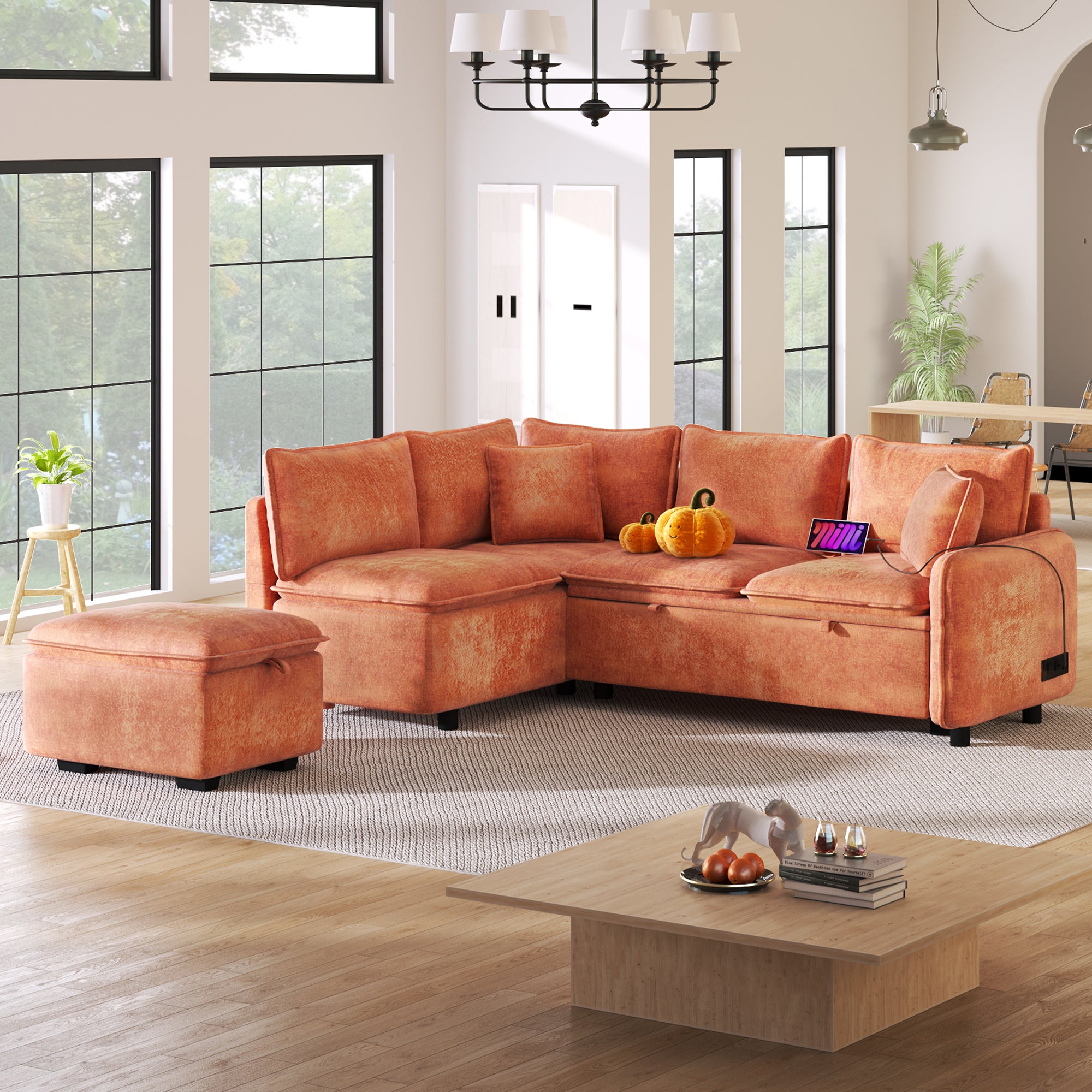 Convertible L-shaped Sofa Bed with Storage Ottoman, Power Sockets & USB Ports, Orange Chenille, 82.67' - Grand Goldman Shop