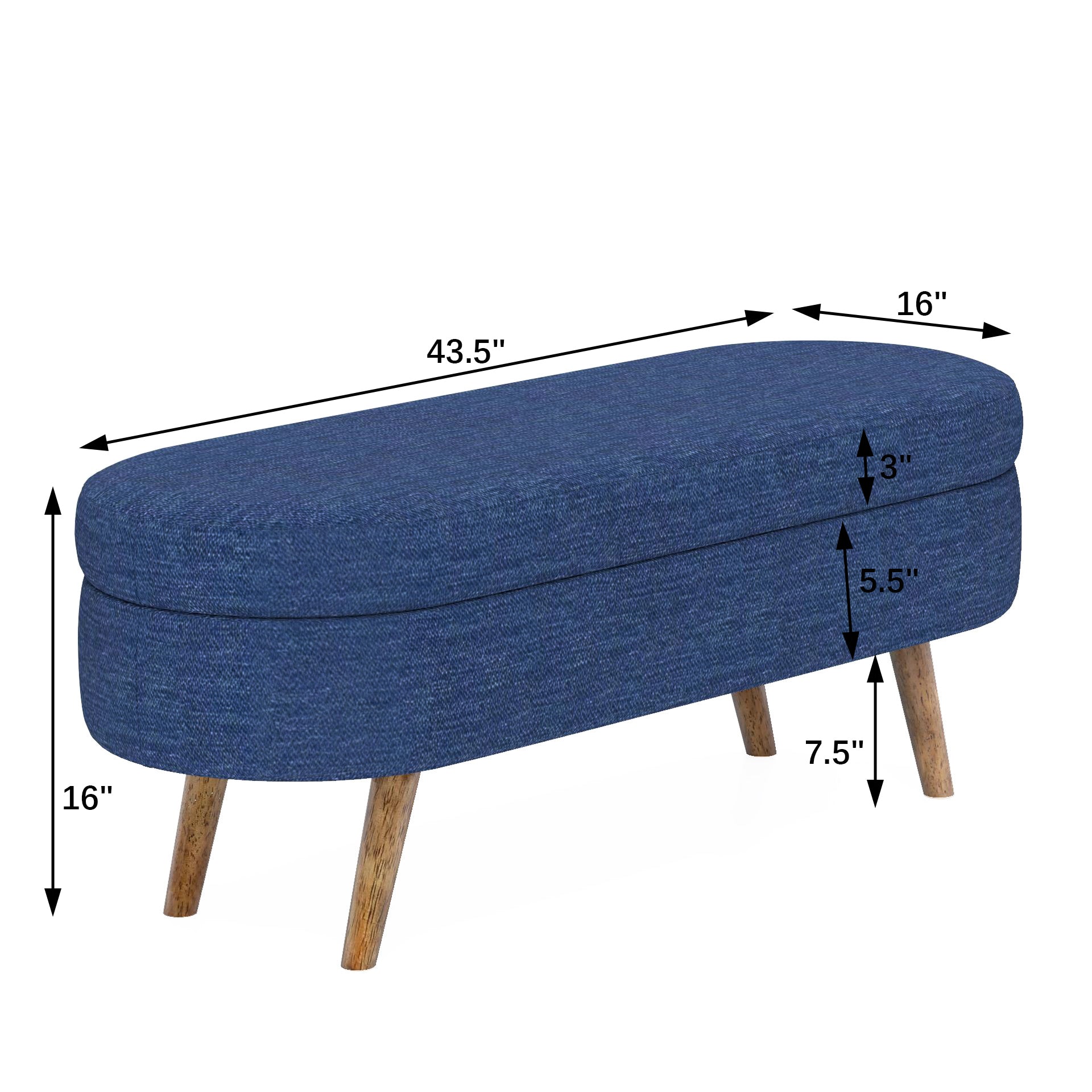 Ottoman Oval Storage Bench with Rubber Wood Legs in Blue Linen with Foam Padding - Grand Goldman Shop