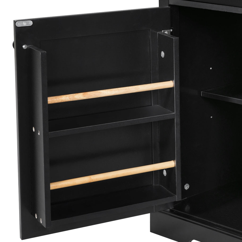 K&K 54.9' Kitchen Island with Drop Leaf, Power Outlet, Kitchen Storage Cart with 4 Door Shelves, Cross Barn Doors & Visual Glass Door, Rolling Kitchen Island on 4 Wheels for Kitchen, Dining Room,Black - Grand Goldman Shop