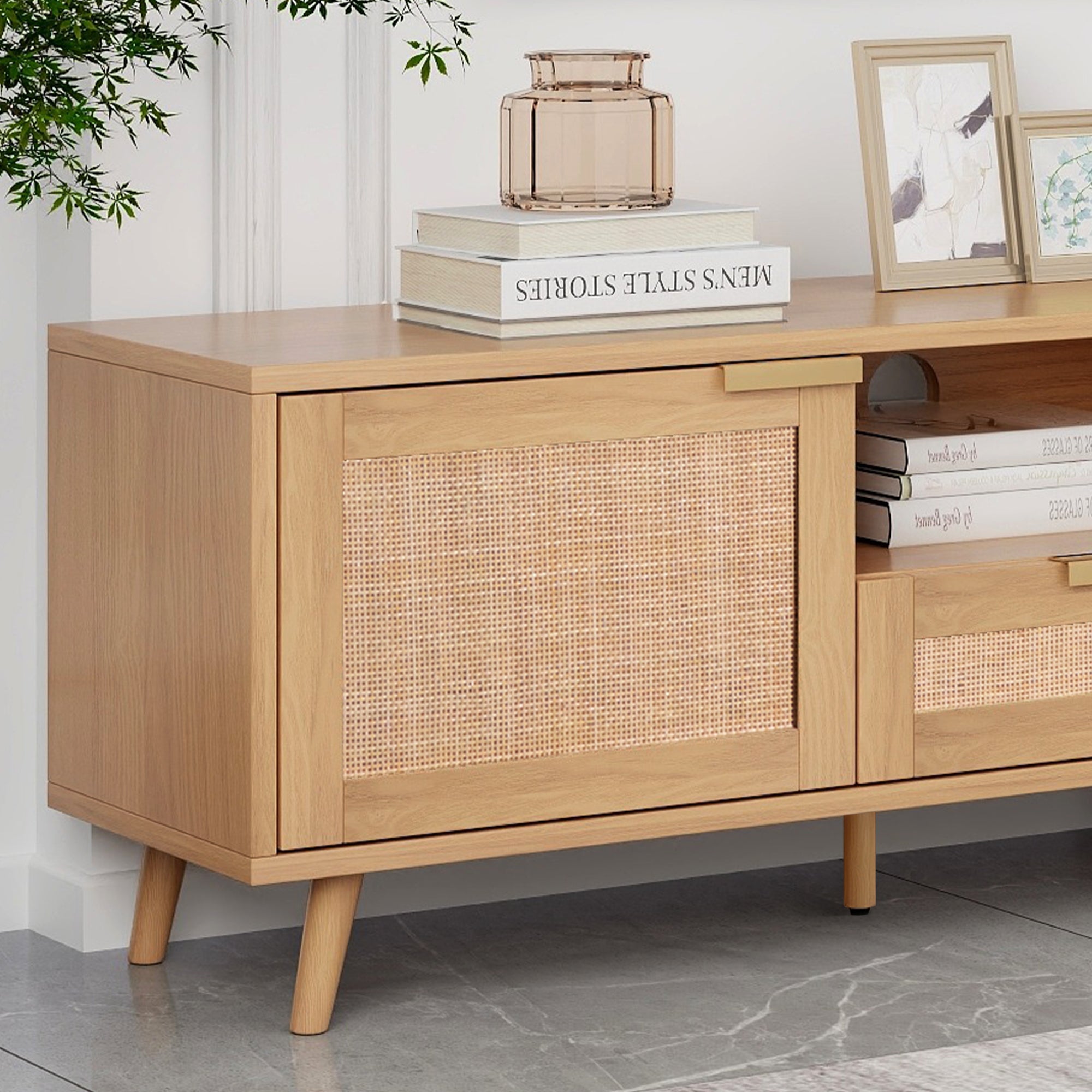 Modern Farmhouse Rattan TV Stand for TVs up to 85'', Solid Wood Legs, Media Console with MDF Board, Living Room Entertainment Center in Wood Finish - Grand Goldman Shop