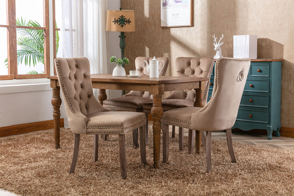 Nikki Collection Modern, High-end Tufted Solid Wood Contemporary Velvet Upholstered Dining Chair with Wood Legs Nailhead Trim 2-Pcs Set, Khaki, SW2001KK - Grand Goldman Shop