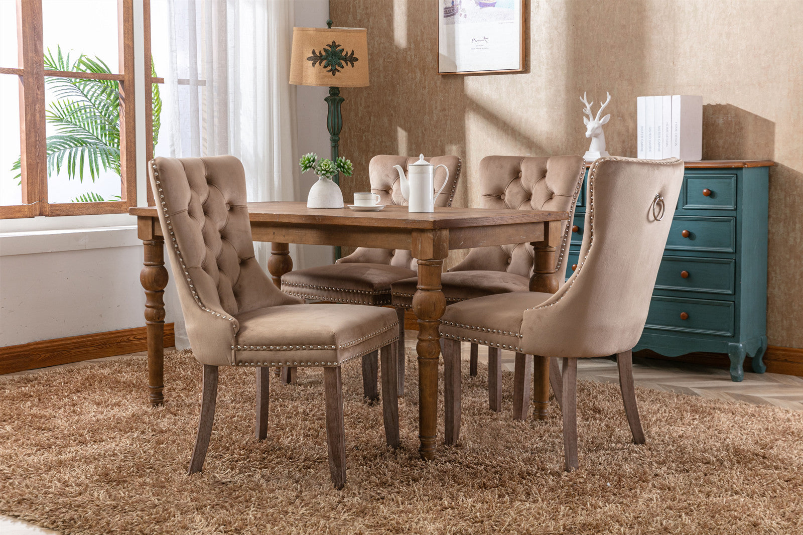 Nikki Collection Modern, High-end Tufted Solid Wood Contemporary Velvet Upholstered Dining Chair with Wood Legs Nailhead Trim 2-Pcs Set, Khaki, SW2001KK - Grand Goldman Shop
