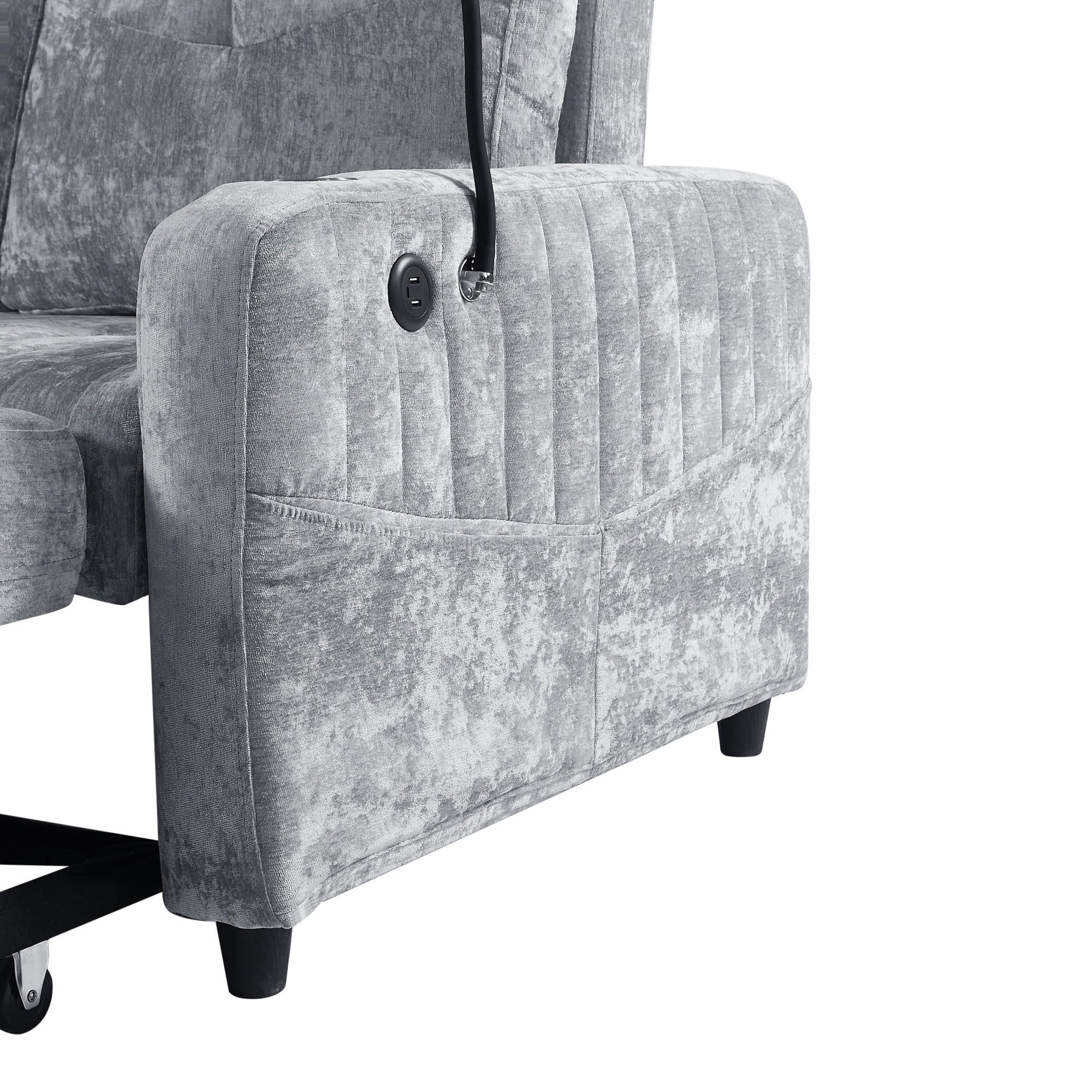 Modern Loveseat Pull-out Sofa Bed with Adjustable Backrest, Cup Holders, Phone Holder, Charging Ports, Side Storage Pockets, Grey Chenille - Grand Goldman Shop